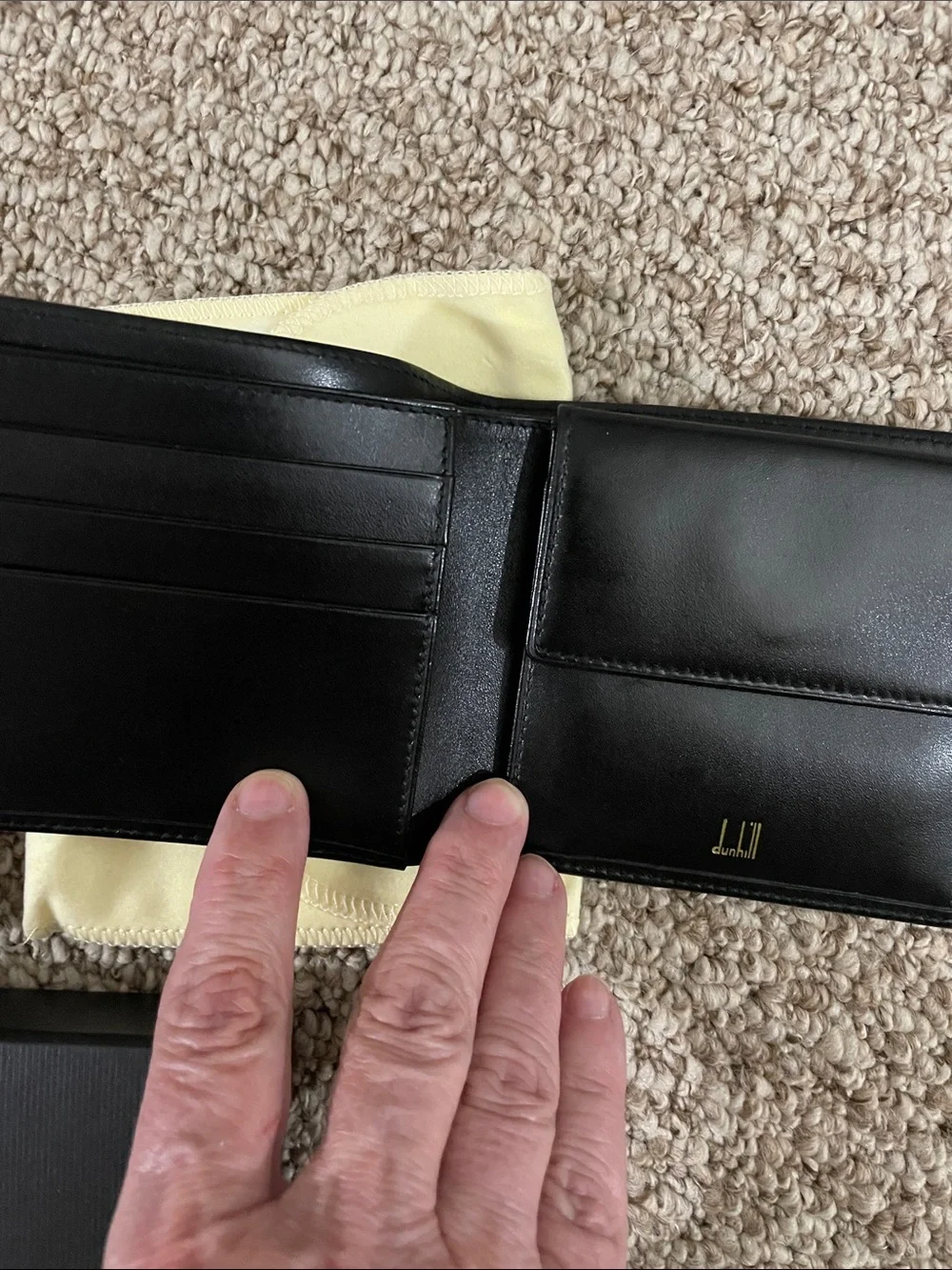Dunhill Black Leather Wallet with Gold Corner Accents